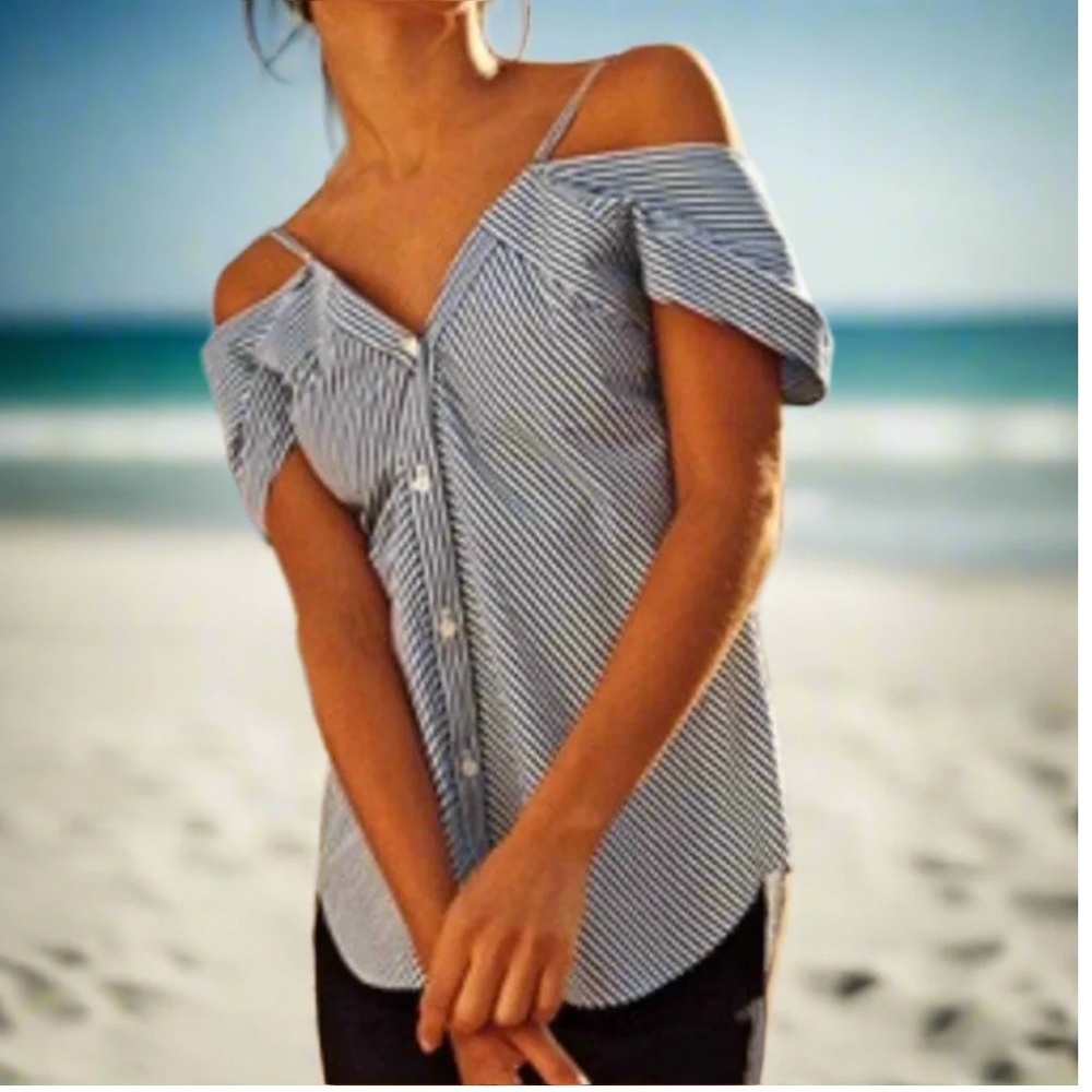 Theory —Off Shoulder Top Womens Blue V-Neck Hartman Stripe Retails $265